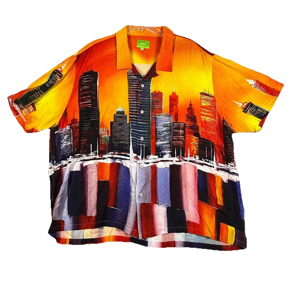 HUF Prestige Resort Short Sleeve Shirt Orange‎ skyline 2xl